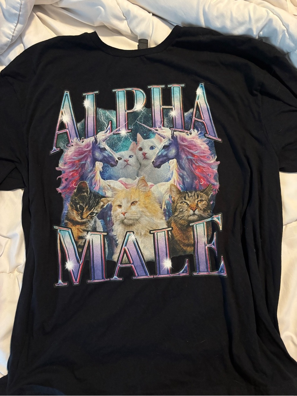 Alpha Male Black Graphic Tee with Multicolor Cat & Unicorn Design